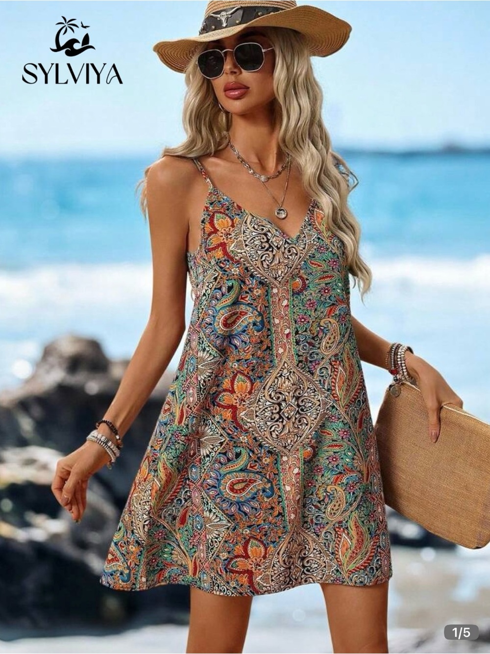 SHEIN Multicolor Paisley V-Neck Spaghetti Strap Beach Dress. Brand new!